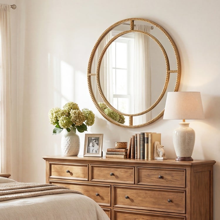Gold round wall mirror with beaded frame, 28 inches, ideal for living room or entryway decor.