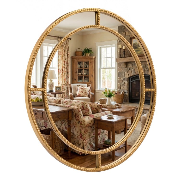 28-inch gold round wall mirror with beaded frame, perfect for adding elegance to living rooms and entryways.