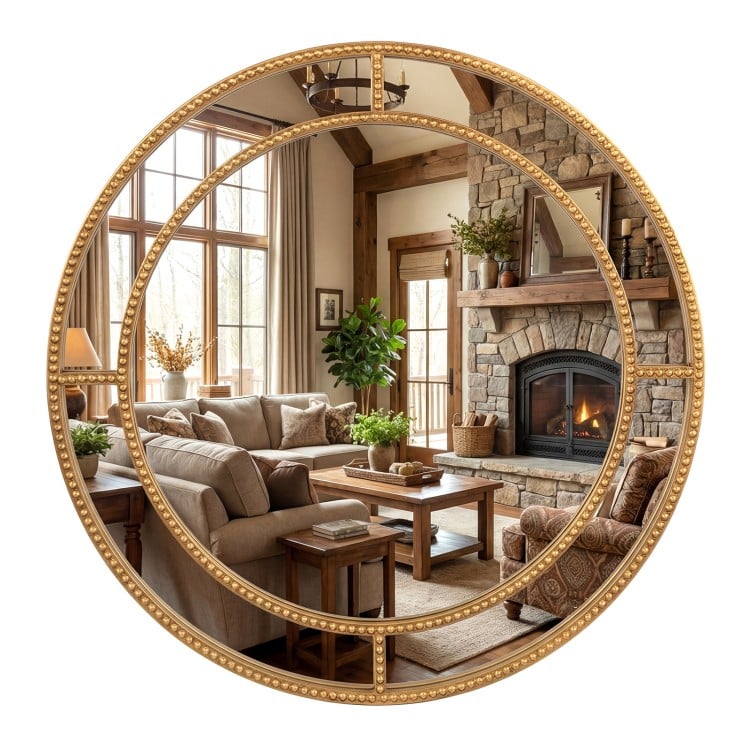 28-inch gold round wall mirror featuring a beaded frame, designed to enhance elegance in any living room or entryway.