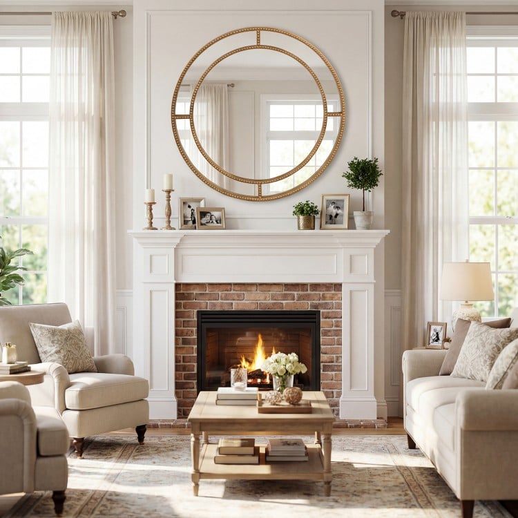 Gold round wall mirror with beaded frame, 28 inches, adds elegance to living rooms and entryways.