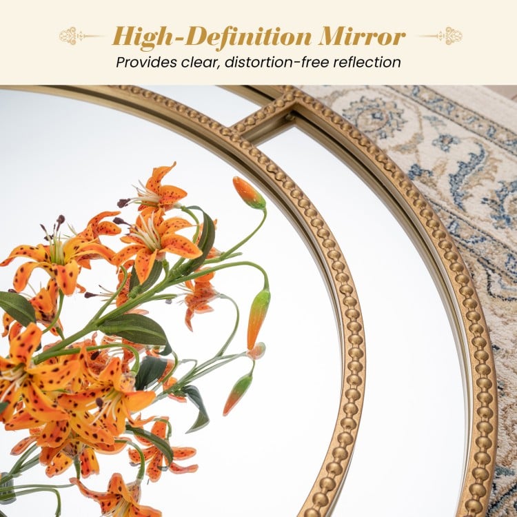 28-inch gold round wall mirror with beaded frame, providing high-definition reflection for living room or entryway.