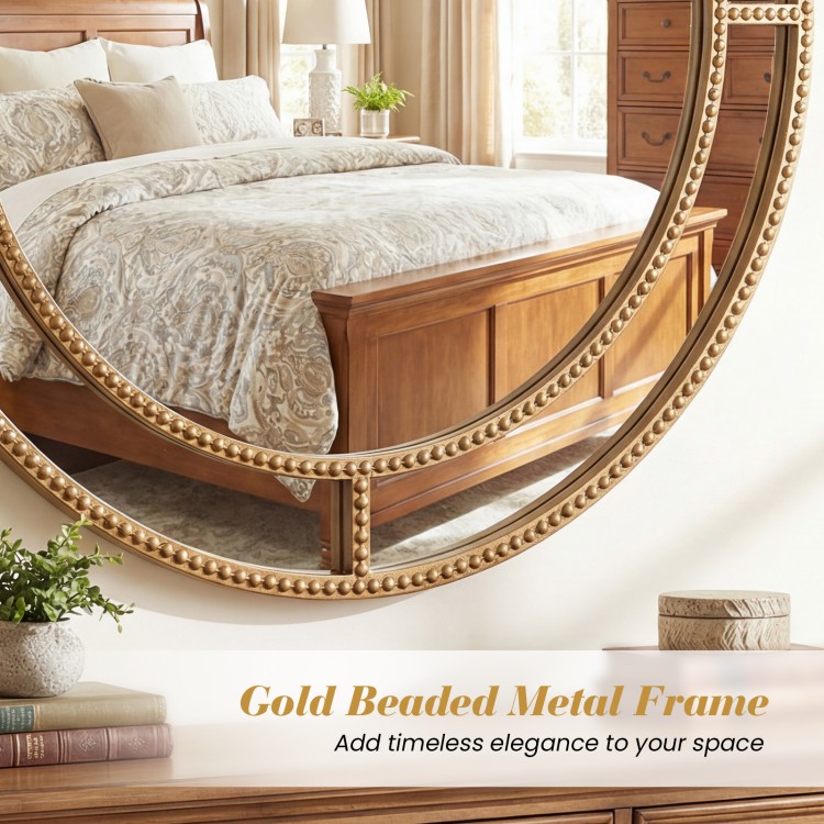 28-inch gold round wall mirror with beaded metal frame, perfect for adding elegance to living rooms and entryways.
