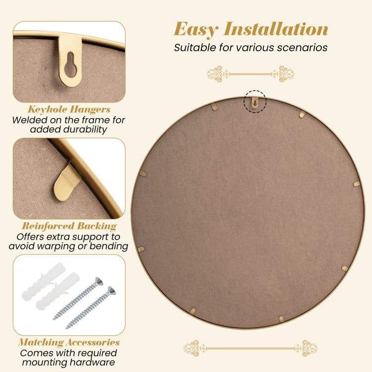 28-inch gold round wall mirror with beaded frame and reinforced backing, perfect for living room or entryway decor.