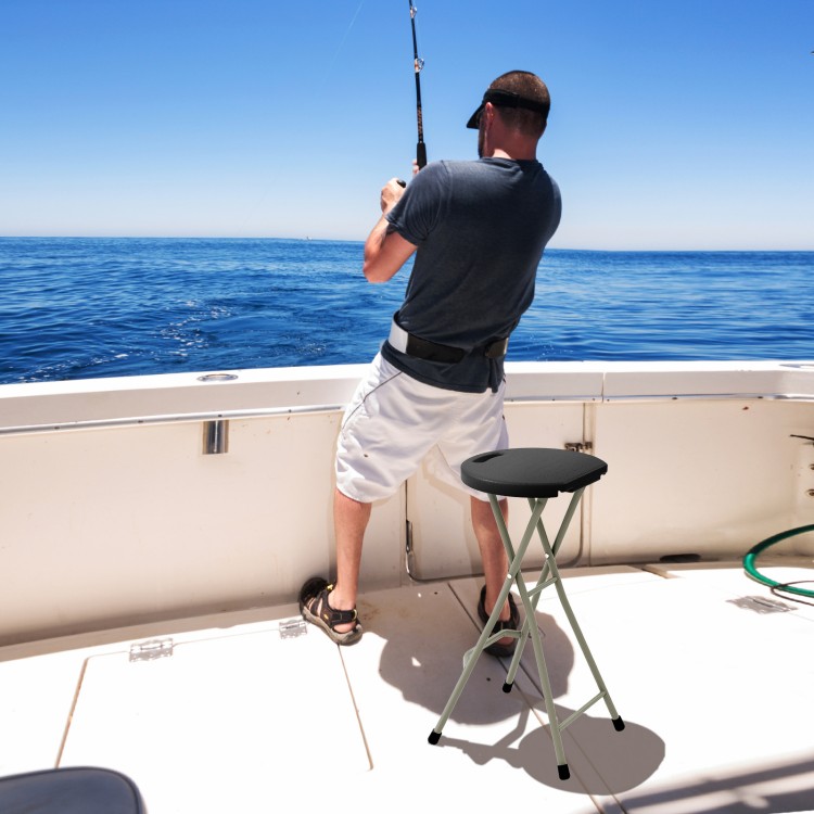 Portable 28-inch folding stool with sturdy frame, ideal for fishing, featuring a wide seat and footrests for comfort.