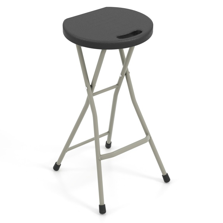 Portable folding stool with a 28-inch height, sturdy steel frame, and weather-resistant HDPE material for outdoor use.