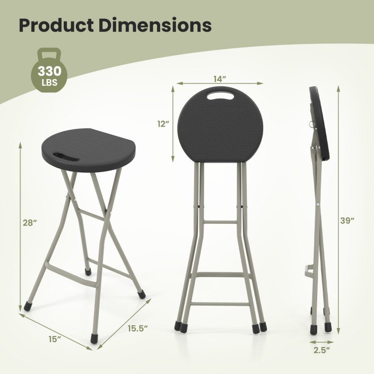 28-inch portable folding stool with a sturdy steel frame, featuring a wide seat and footrests for comfort and stability.