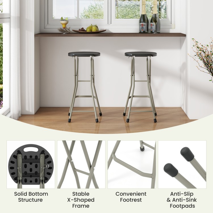 28-inch portable folding stools with sturdy steel frame, footrests, and non-slip pads, ideal for kitchen or outdoor use.