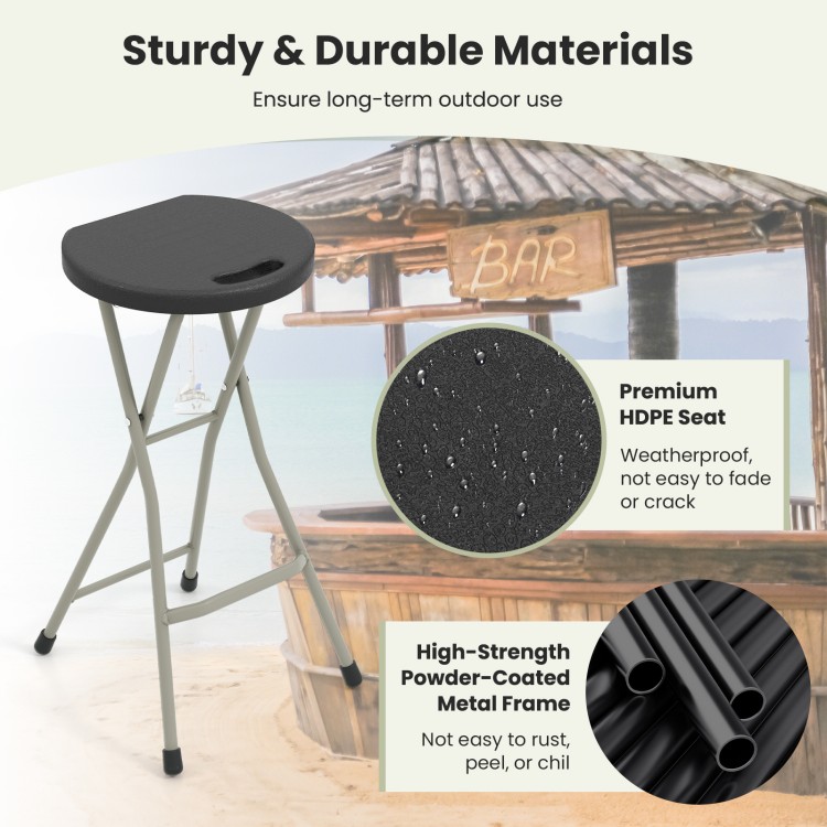 Portable 28-inch folding stool with a weather-resistant HDPE seat and sturdy steel frame, ideal for outdoor use.