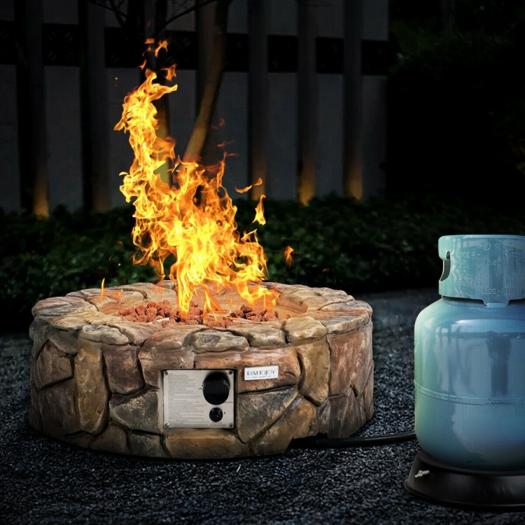 28-inch propane gas fire pit with stone-brown finish, featuring adjustable flame and decorative lava rocks for outdoor.