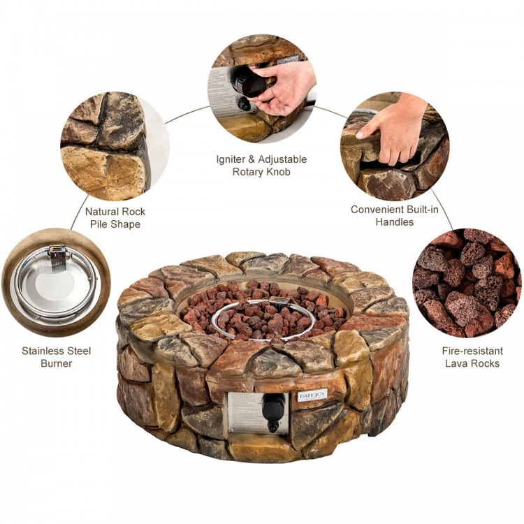 28-inch propane gas fire pit with natural stone finish, stainless steel burner, and decorative lava rocks for outdoor.