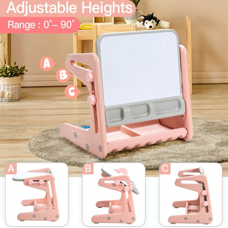 Adjustable kids easel table and chair set in pink, featuring a drawing board and ample storage for art supplies.