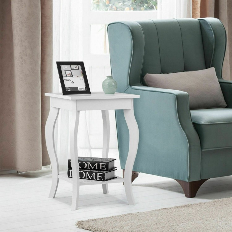 Accent sofa end side table in white with decorative display shelf, showcasing elegant curved legs and footrest for.