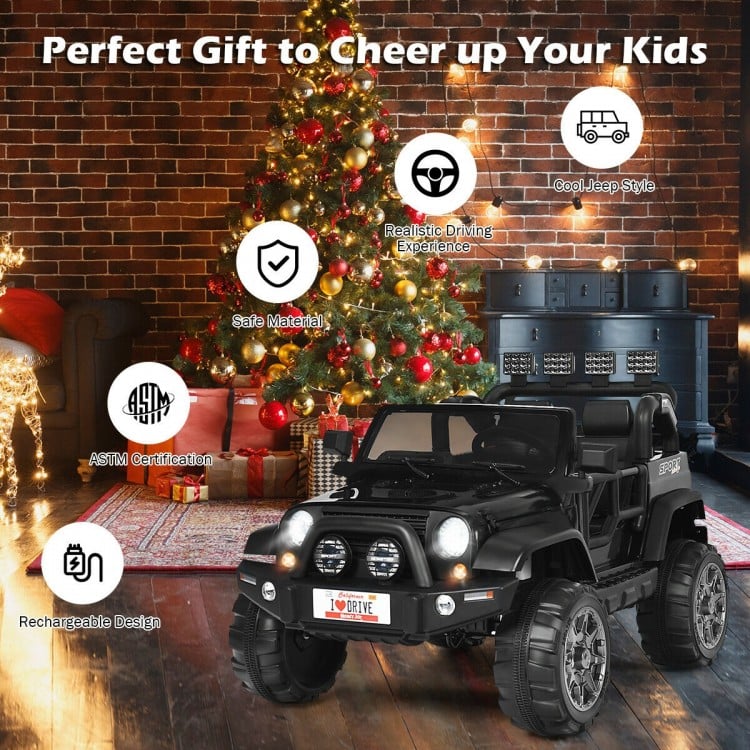 Black 12V 2-seater ride-on car with remote control, storage box, and LED lights for kids' outdoor fun.
