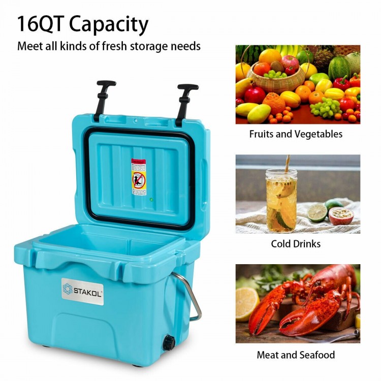 Portable blue 16QT insulated ice cooler with cup holders, ideal for picnics and camping, keeps drinks cold for four.