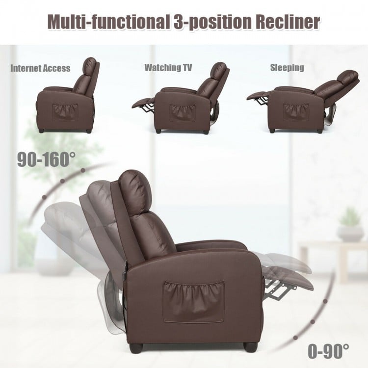 Brown recliner sofa wingback chair with massage function, adjustable 90-160 degrees, perfect for relaxing and watching.