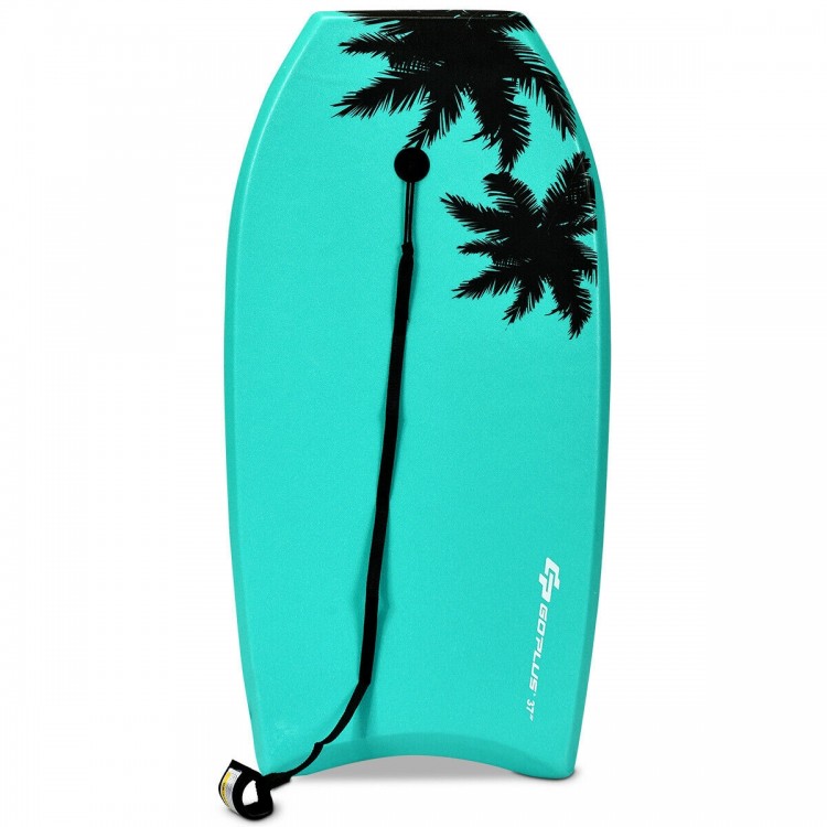 Lightweight 37-inch bodyboard in turquoise with palm tree design, featuring a leash for safety during water sports.