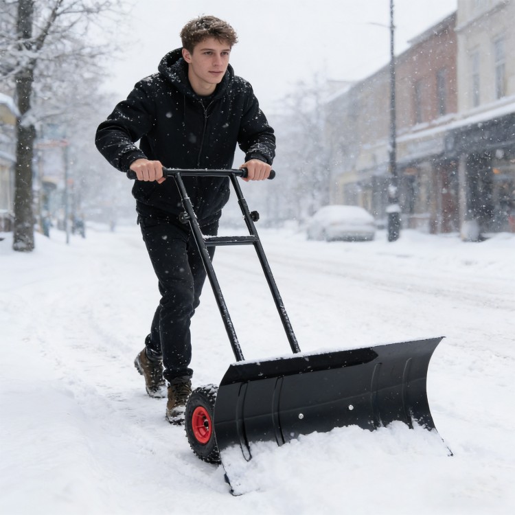 29-inch heavy-duty metal snow pusher with wheels, adjustable handle, and anti-slip grips for efficient snow clearing.