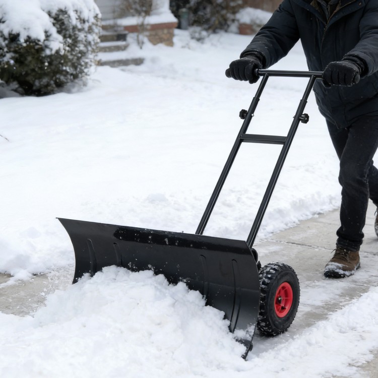 Heavy-duty 29-inch snow pusher with large rubber wheels and adjustable head for versatile snow clearing on various.