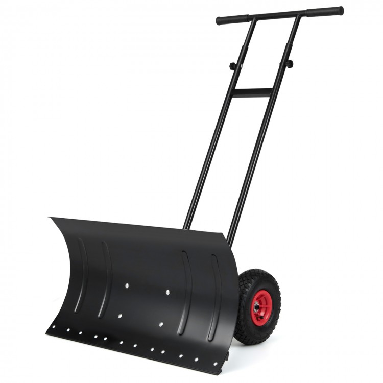 29-inch snow pusher with a wide blade and large anti-slip wheels, designed for fast and efficient snow removal.