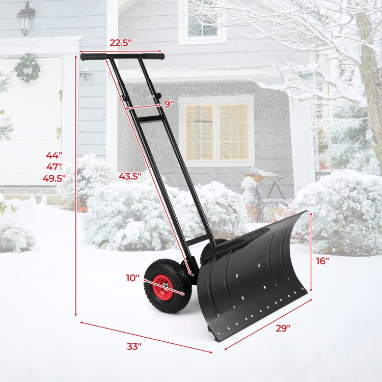 29-inch heavy-duty metal snow pusher with wheels, adjustable handle, and wide blade for efficient snow clearing.