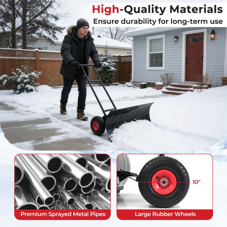 29-inch heavy-duty metal snow pusher with large rubber wheels and adjustable handle for efficient snow clearing.