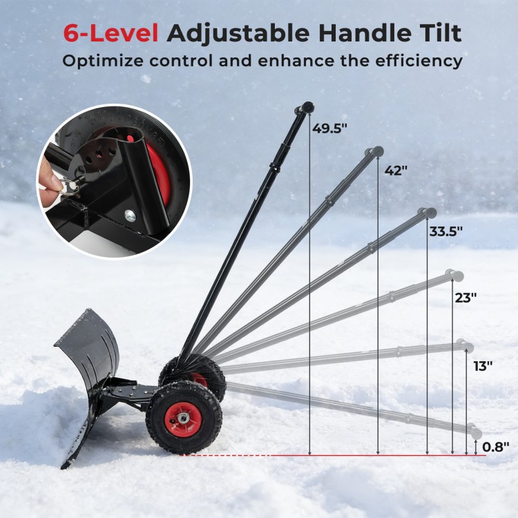 Adjustable handle tilt of the 29-inch snow pusher for optimized control and efficiency in snow clearing.
