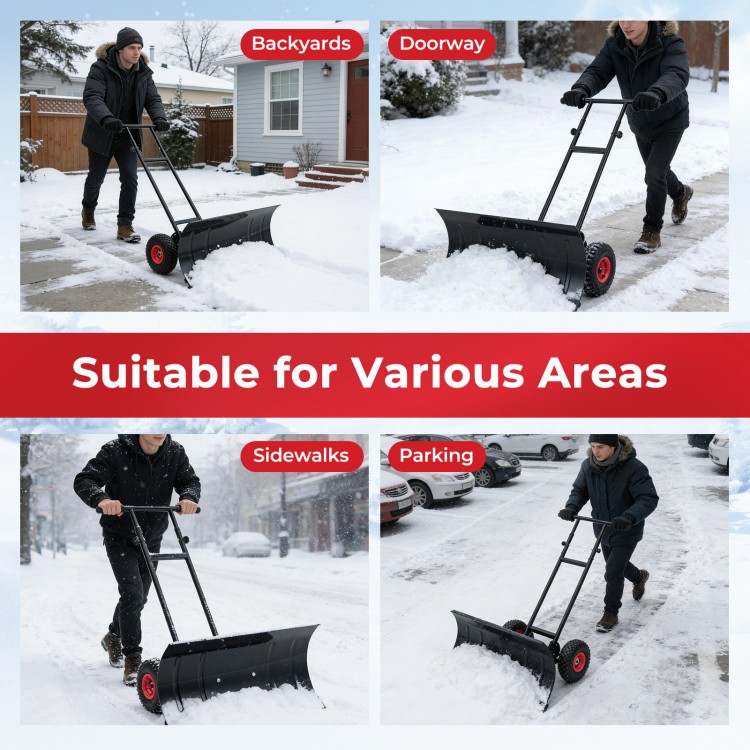 29-inch heavy-duty snow pusher with wheels, adjustable handle, ideal for clearing driveways, sidewalks, and backyards.