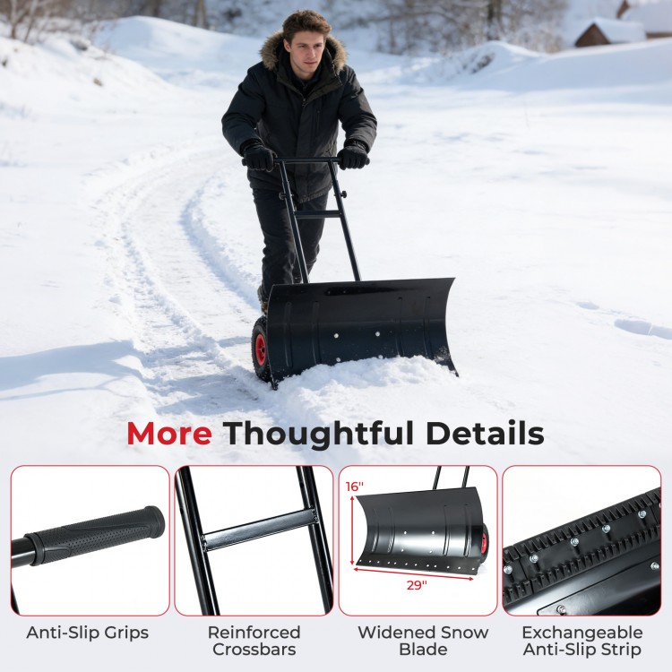 Detail of the 29-inch snow pusher's reinforced crossbars and soft anti-slip grips for enhanced stability and durability.