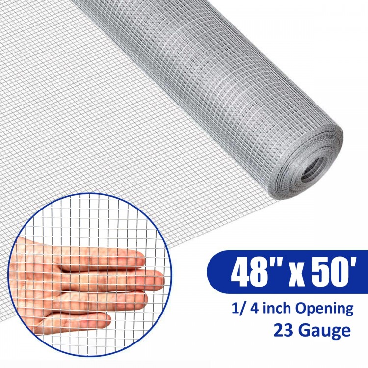 Galvanized hardware cloth roll measuring 48" x 50', featuring 1/4" mesh openings for rodent protection in gardens.