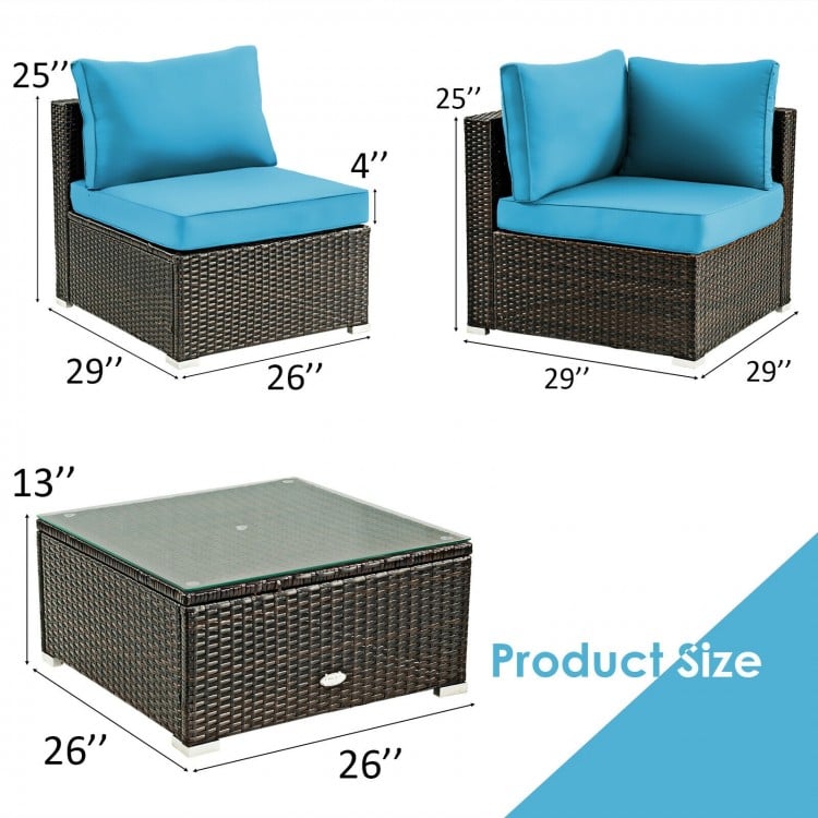 Cushioned corner sofa from a 5-piece patio rattan furniture set with turquoise cushions, ideal for outdoor relaxation.