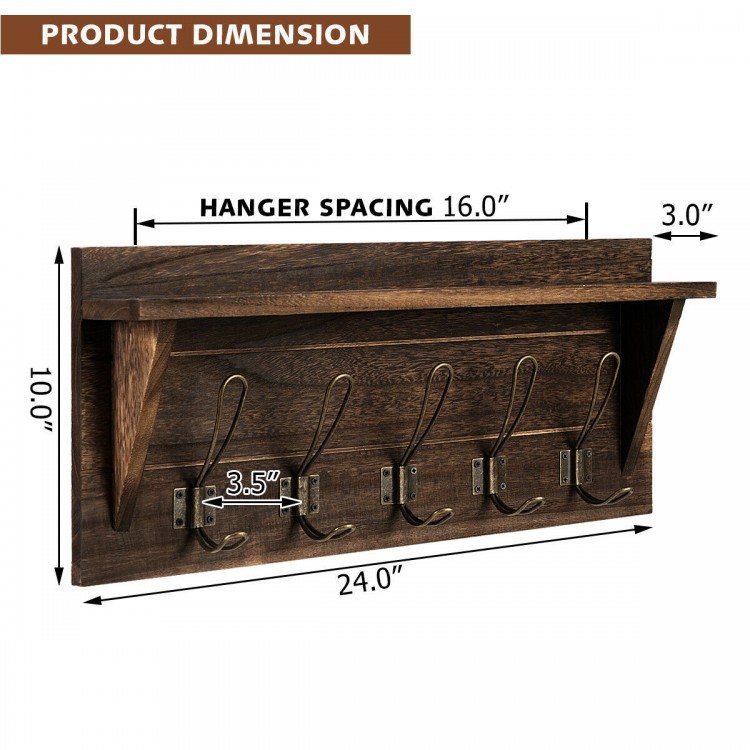 Rustic wooden wall-mounted entryway shelf in brown with five metal hooks and upper storage shelf for organization.