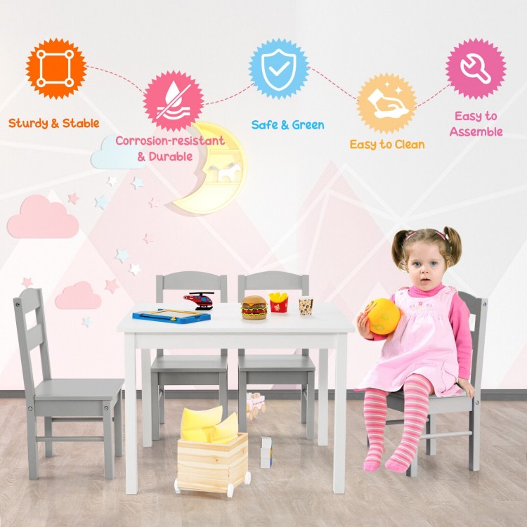 Kids 5-piece wooden table and chair set in white, perfect for playroom activities, featuring rounded corners for safety.