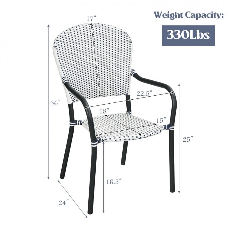 Stackable white rattan dining chair with armrests, weather-resistant, for outdoor use, supports 330 lbs.