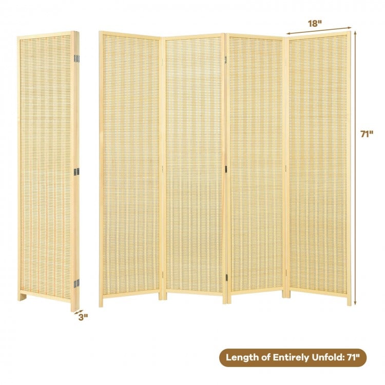 Portable folding room divider screen in natural finish, 6 ft tall, 4 panels for optimal privacy and easy storage.