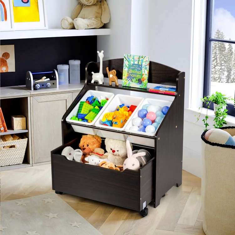 Kids wooden toy storage unit organizer in espresso with rolling toy box and removable bins for easy toy organization.