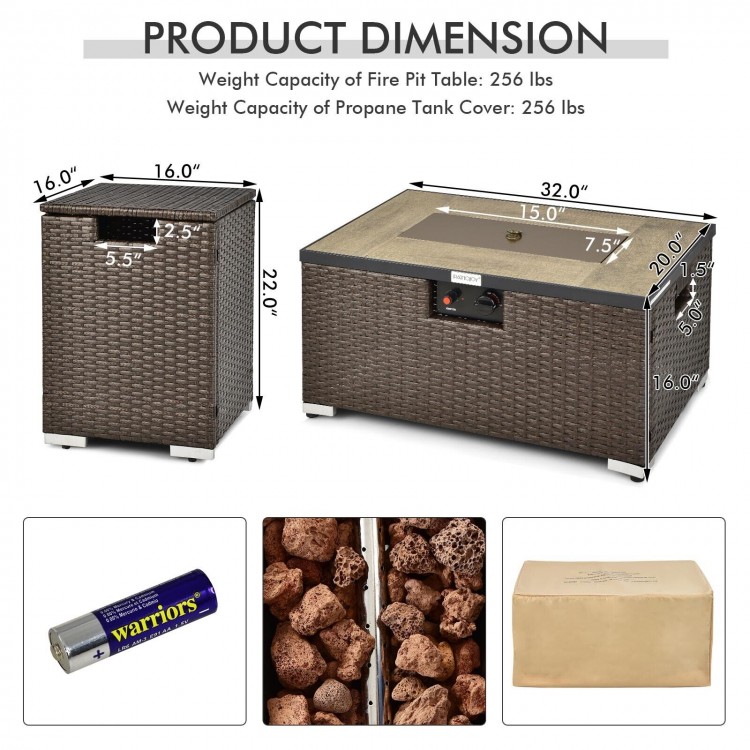 32-inch propane rattan fire pit table set with side tank holder, brown, ideal for outdoor gatherings and dining.