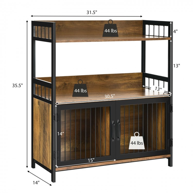 2-tier baker's rack in rustic brown with metal frame, featuring open shelves and enclosed cabinets for kitchen storage.