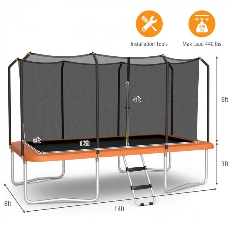 Rectangular 8 x 14 feet trampoline with safety enclosure net, ladder, and ASTM certified for reliable quality and.