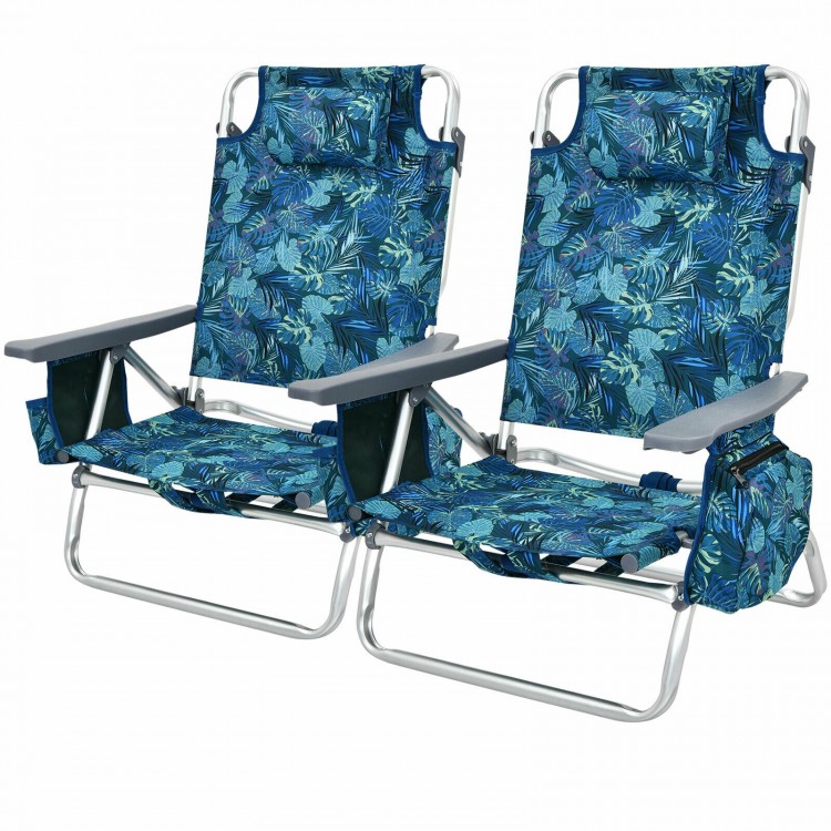 Two navy outdoor folding beach chairs with 5-position adjustable backrests, perfect for camping and sunbathing.
