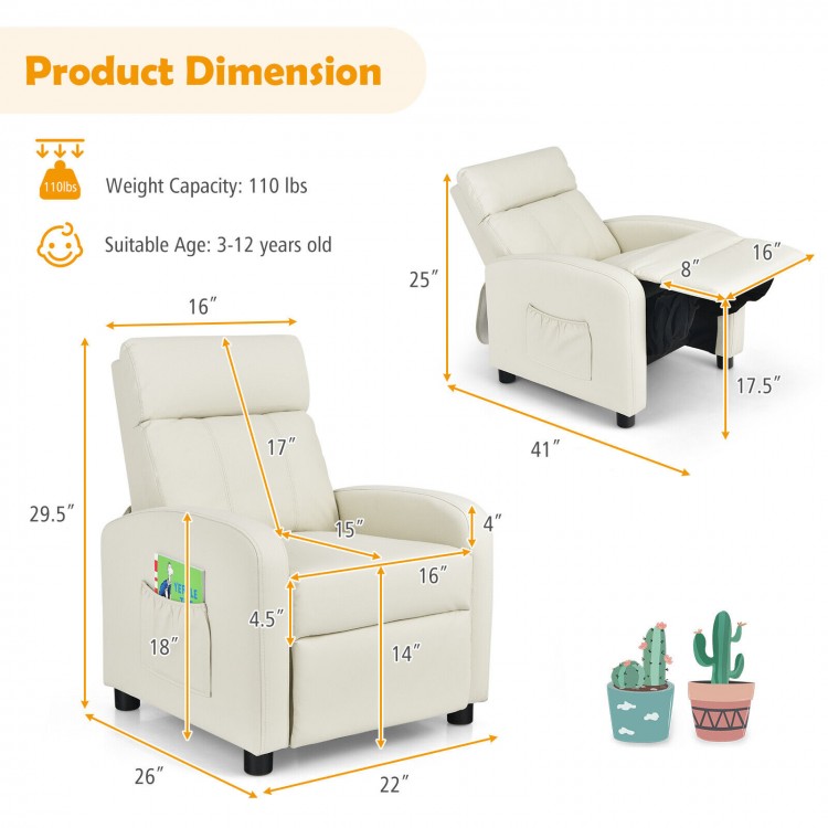 Kids recliner lounge sofa in white with adjustable backrest, waterproof PU leather, and side pocket for toys.