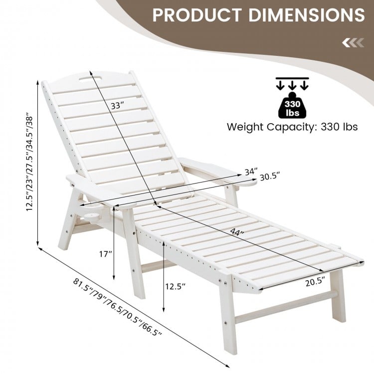 Adjustable backrest and cup holder of the white weatherproof patio lounge chair with dimensions for outdoor relaxation.