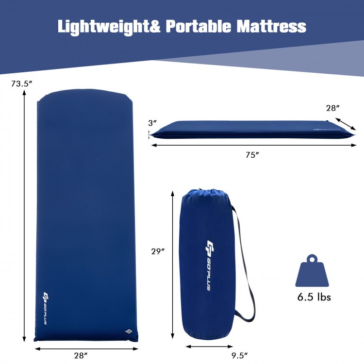 Self-inflating blue foam sleeping cot with built-in valve, 3D construction, and waterproof TPU coating for outdoor.