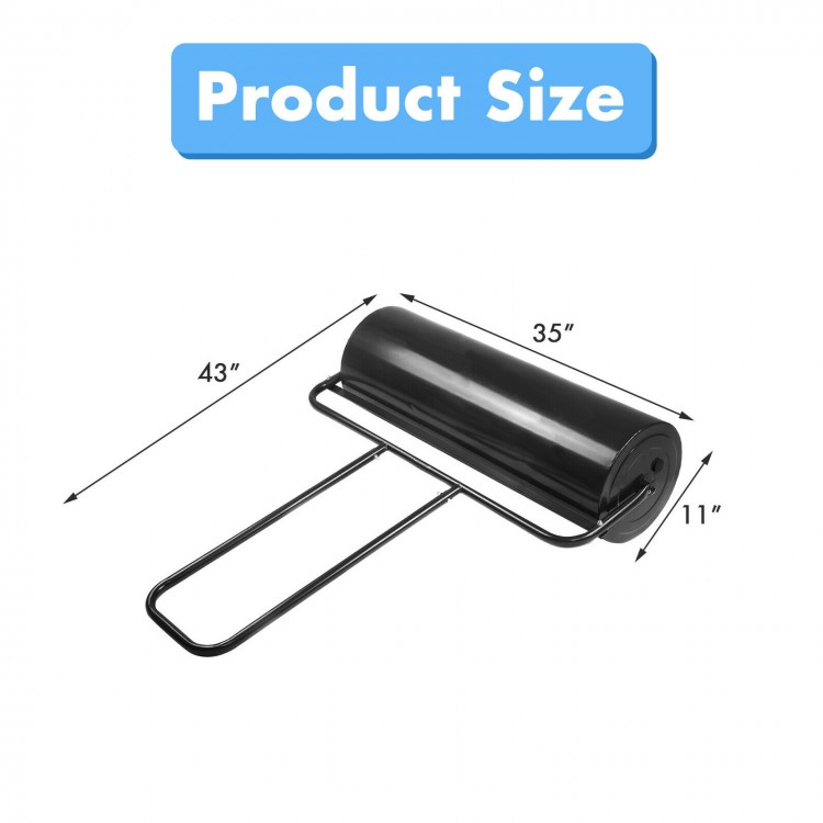 Black metal lawn roller with U-shaped handle, 36 x 12 inches, ideal for leveling gardens and patios.