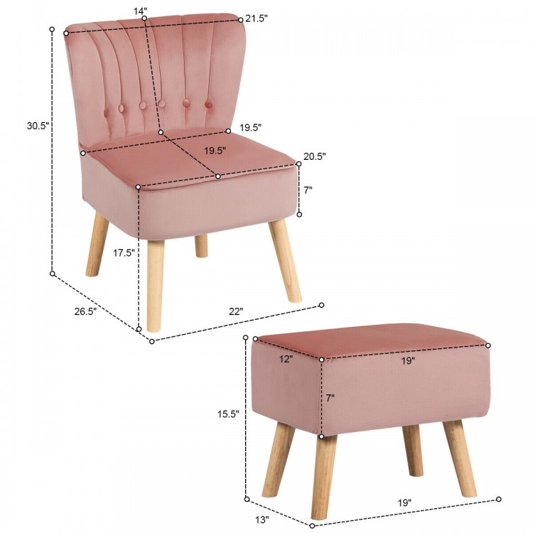 Thick padded tufted pink leisure chair and ottoman set with rubber wood feet, ideal for living room or bedroom.