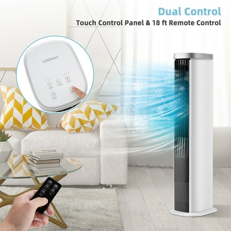 Portable evaporative air cooler in white with remote control, featuring 4 fan speeds and 60° wide oscillation for.
