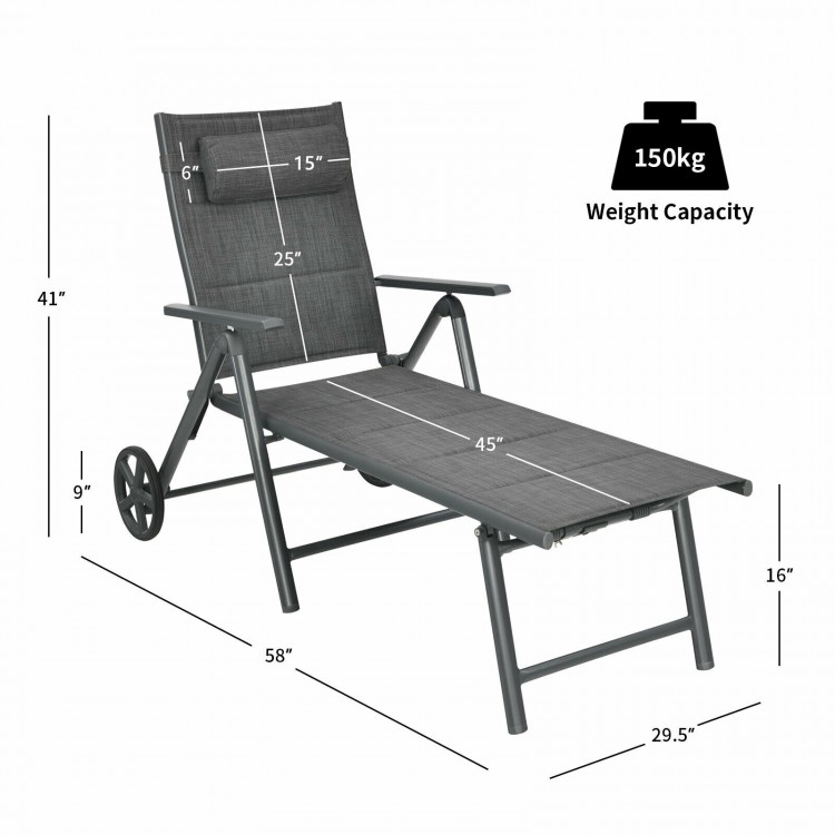 Gray patio reclining chaise lounge with adjustable neck pillow, foldable design, and 150kg weight capacity for outdoor.