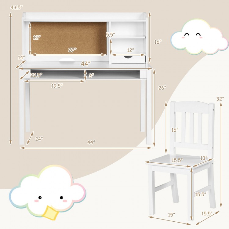 Kids desk and chair set in white with hutch and storage, perfect for study and organization in small spaces.