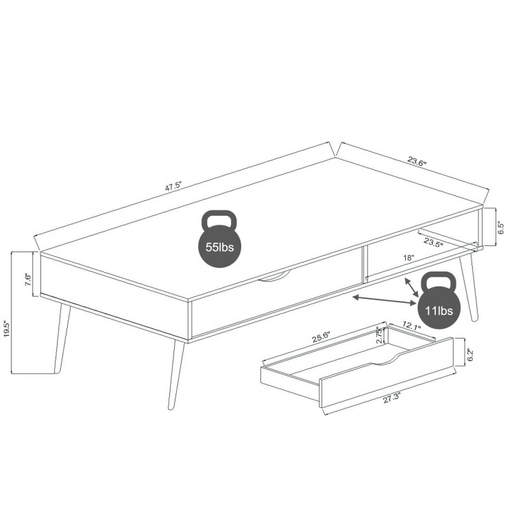 Coffee cocktail accent table in gray with a drawer and two open shelves, ideal for stylish living room storage.