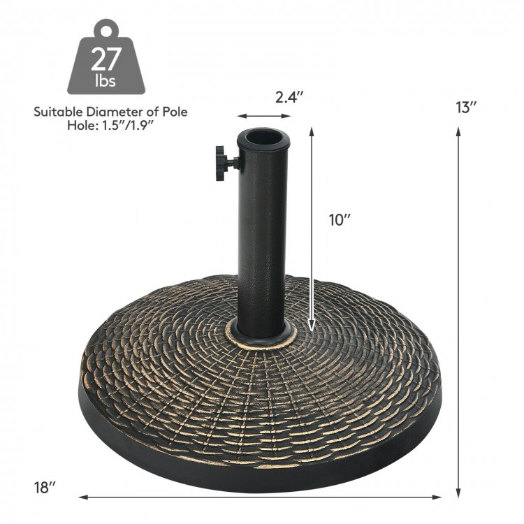 Patio market umbrella base stand with rattan design, 27 lbs, for 1.5" and 1.9" umbrella poles, ideal for outdoor use.