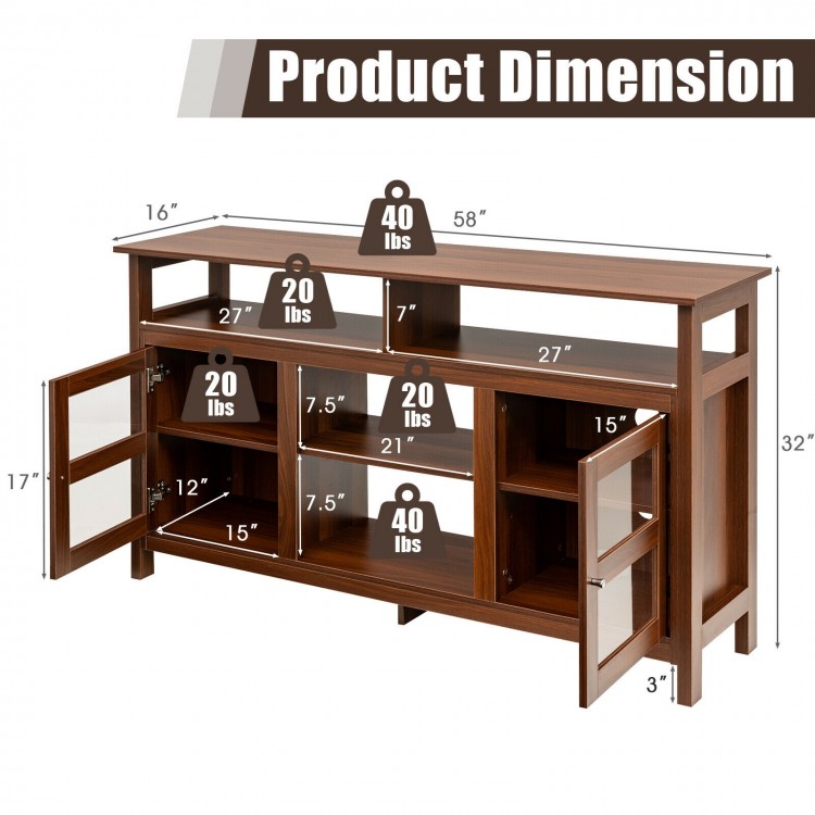 58" brown TV stand with 2 cabinets and 4 open shelves, made of engineered wood for stability, ideal for living room use.